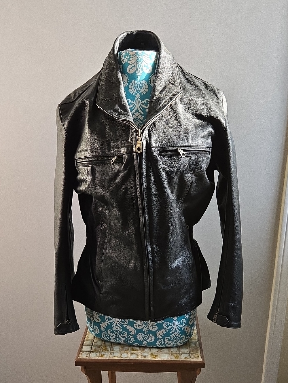 Black Roadkrome Leather Biker Moto Jacket Size Large